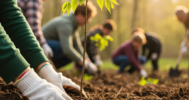 Volunteers planting a sapling in the ground symbolizing growth