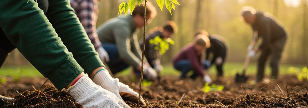 Volunteers planting a sapling in the ground symbolizing growth