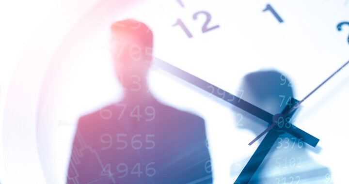 Business times or working hours concept blur office people talking overlay with time clock