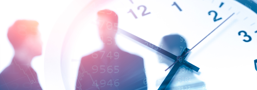 Business times or working hours concept blur office people talking overlay with time clock