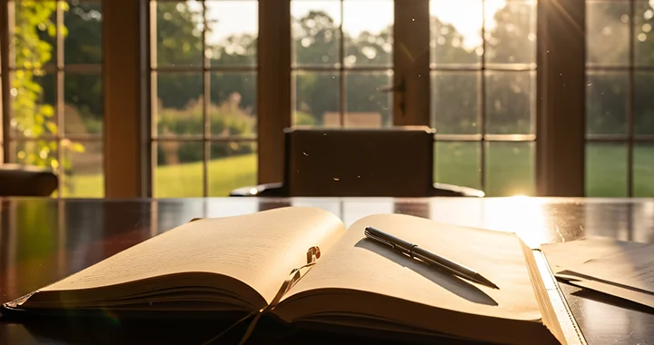 A blank, open journal on a desk with a pen overlooking a home office window