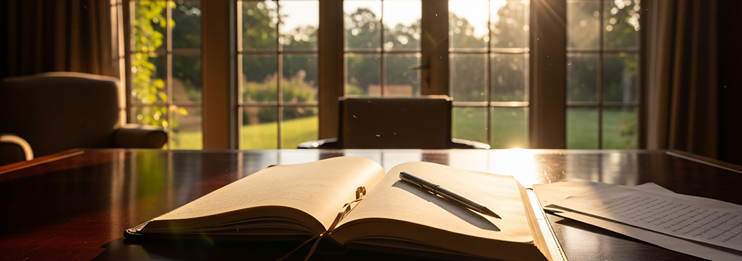 A blank, open journal on a desk with a pen overlooking a home office window